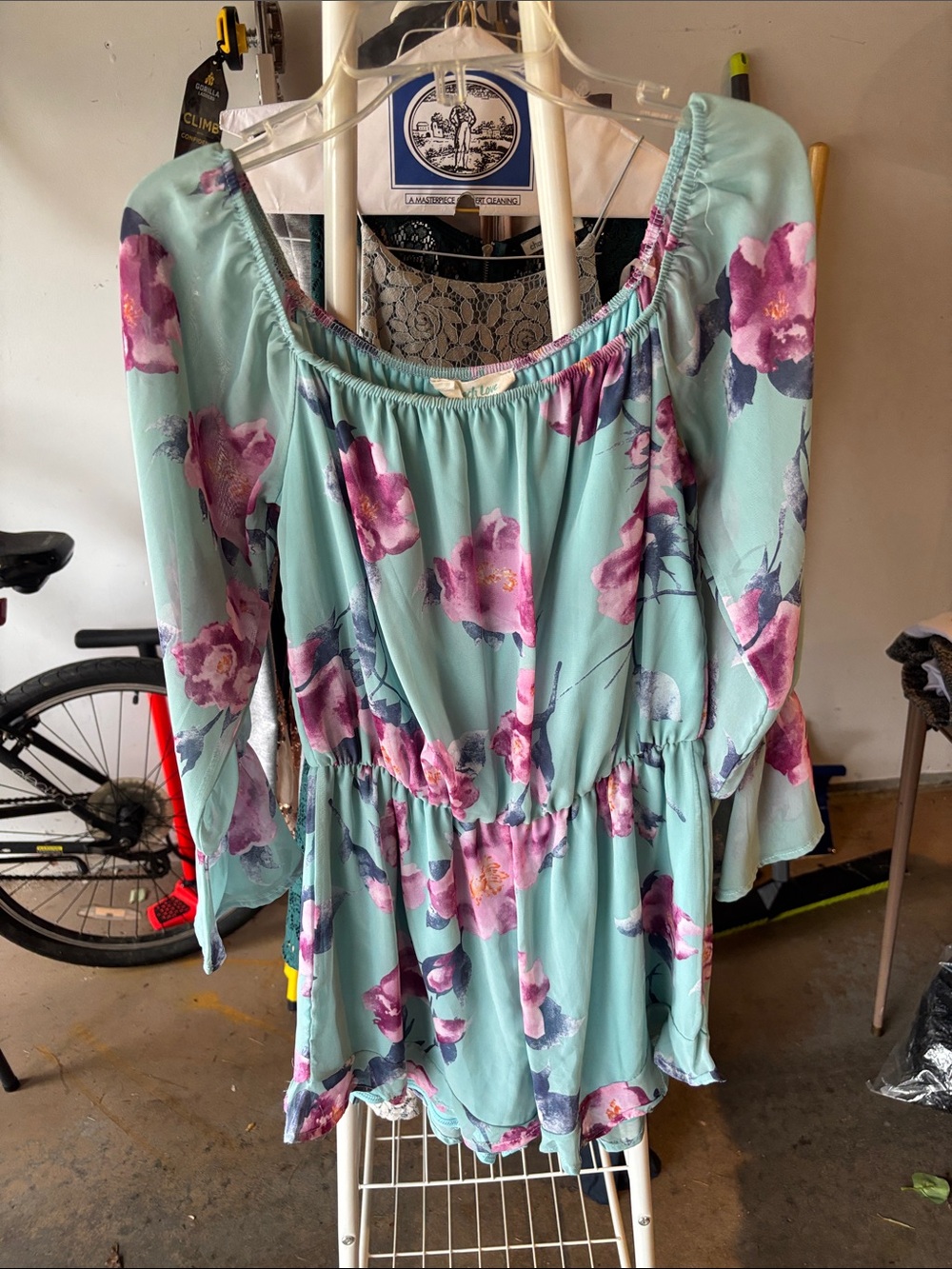 Peach Love California Mint Green Floral Off-Shoulder Tunic